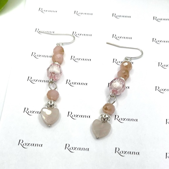 Unique Dainty Dangle Earrings - Rose Quartz Hearts, Crystal beads - Picture 2 of 7